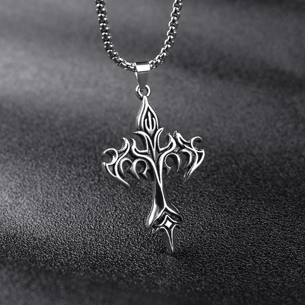 Fashion Vintage Flame Cross Pendant Necklace For Women Men Long Chain Punk Goth Trendy Accessories Choker Gothic Jewelry