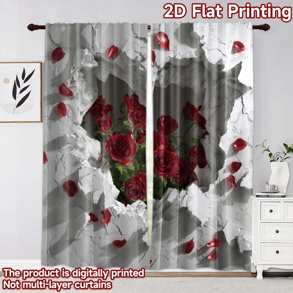 2D flat printing 2pcs Curtain Curtain Valentine's Heart with Roses Digital Printed Polyester Drapes Holiday Decorations Perfect