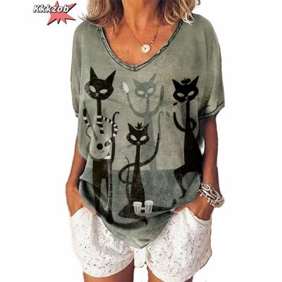Camiseta Feminina Pintura Floral Abstrata Verão Casual Solta Estampa Gráfica de Gato Decote V Top Moda Estampa 3D Roupas Plus Size