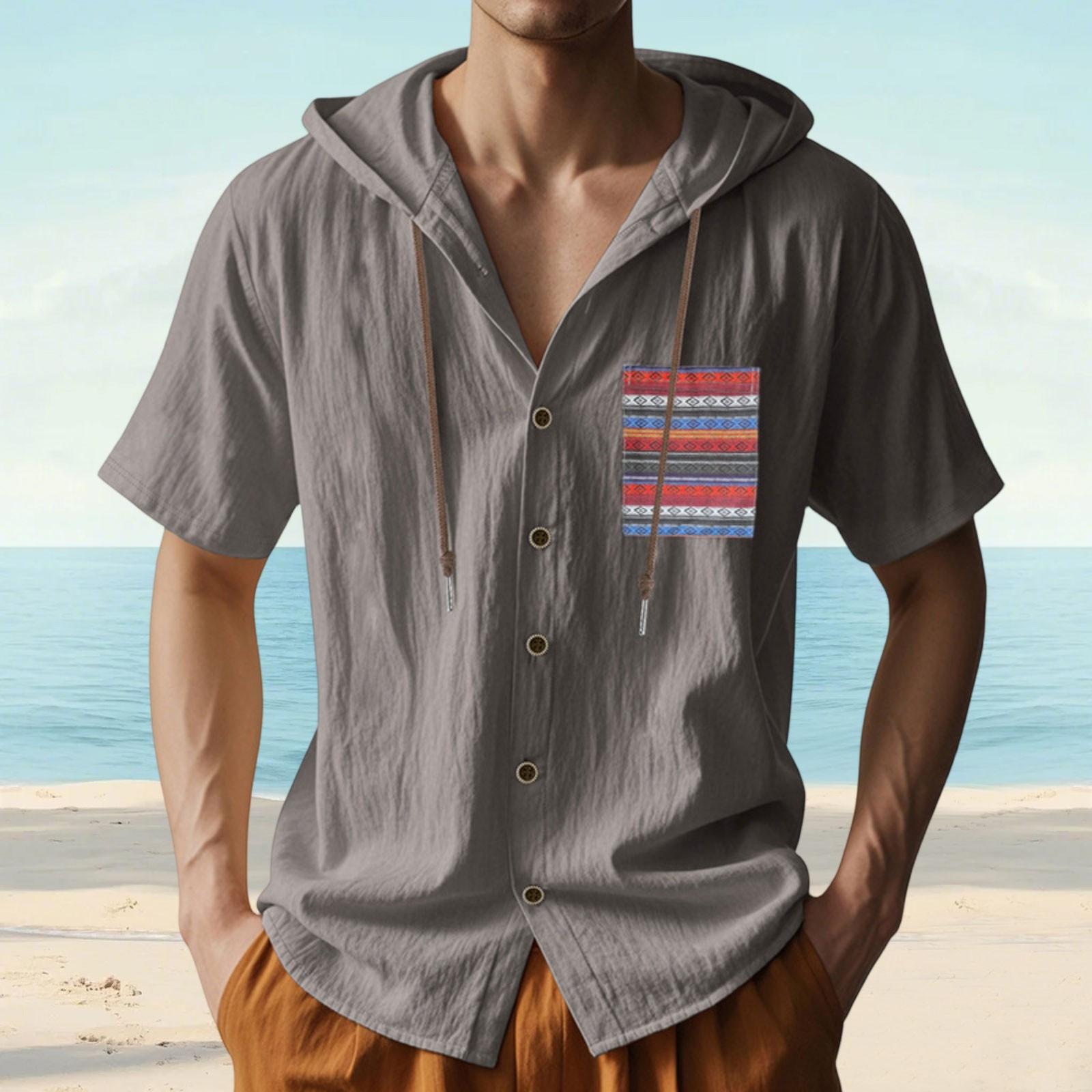 Men s Linen Short-sleeved Hoodie Color Casual Hoodie With Pocket Draw Rope Cardigan With Loose Hoodie XL