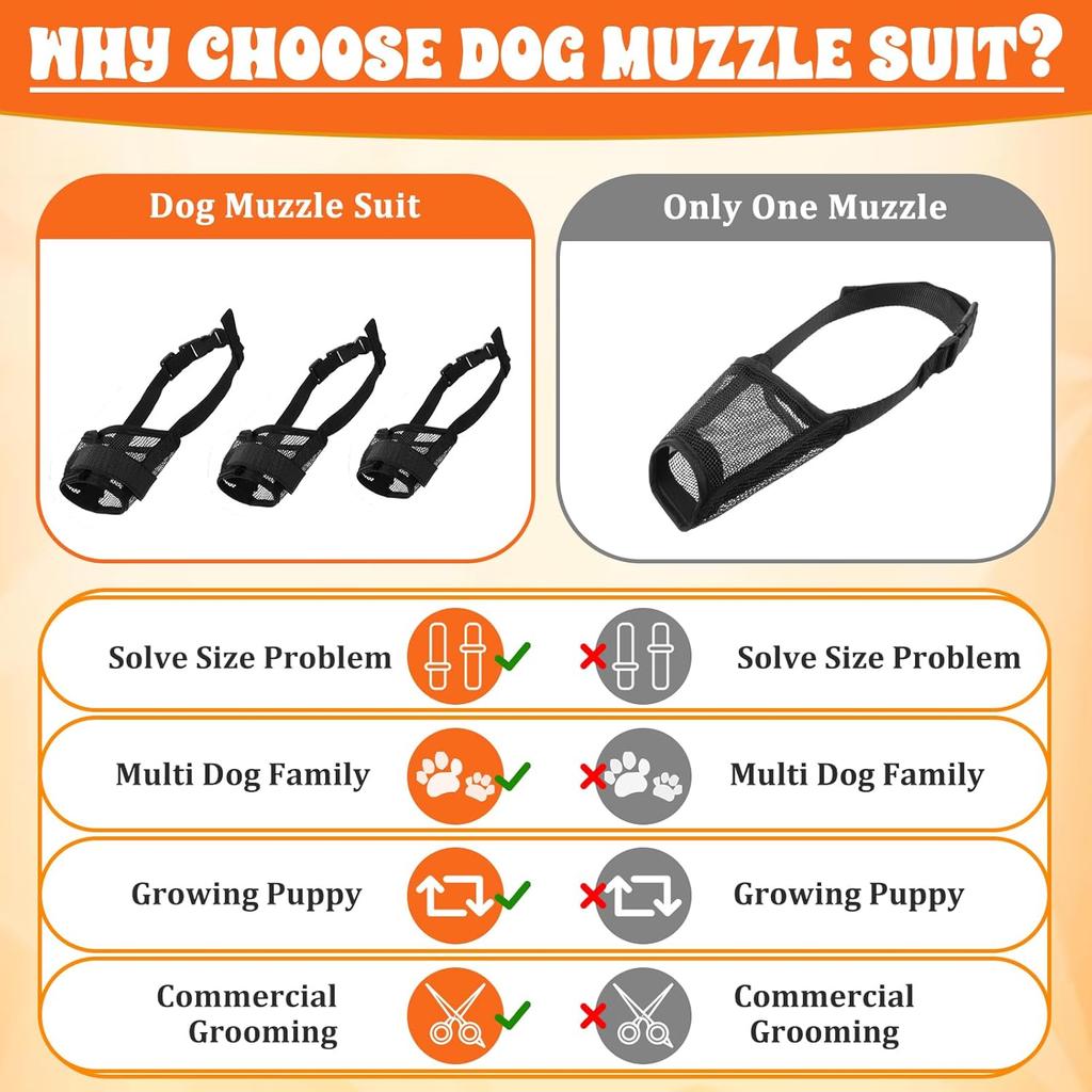 3Pcs Dog Muzzle Soft Mesh Muzzle for Small Medium Large Dogs Adjustable Strap Breathable Dog Mouth Guard Anti Biting Barking Chewing Suitable Pets
