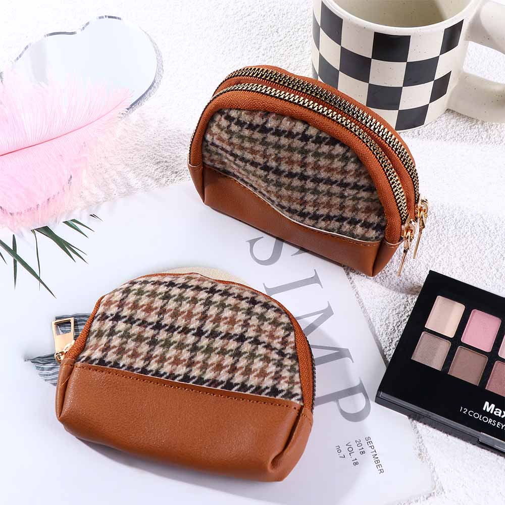 Layers Zipper with Key Chain Mini Houndstooth Wallet Women Coin Purse Card Holders Leather Bag