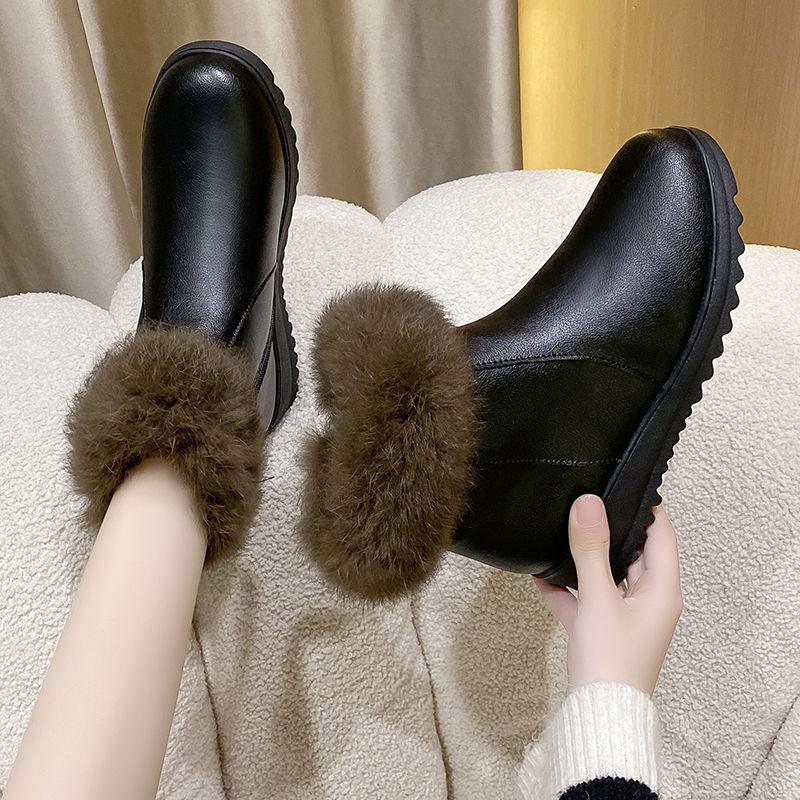 Booties Women  Faux Leather Anti Slip Mom Shoes Large Size Wedge Natural Wool Winter Women's Snow Boots