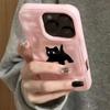 Cute Black Fuzzy Cat Shockproof Phone Case For iPhone 17Air 16 15 14 12 13 11 Pro Max Candy Color Wave Pattern Protective Cover