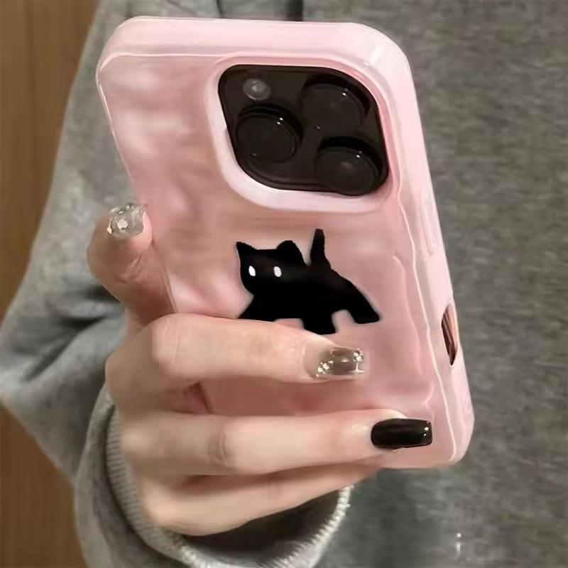 Cute Black Fuzzy Cat Shockproof Phone Case For iPhone 17Air 16 15 14 12 13 11 Pro Max Candy Color Wave Pattern Protective Cover