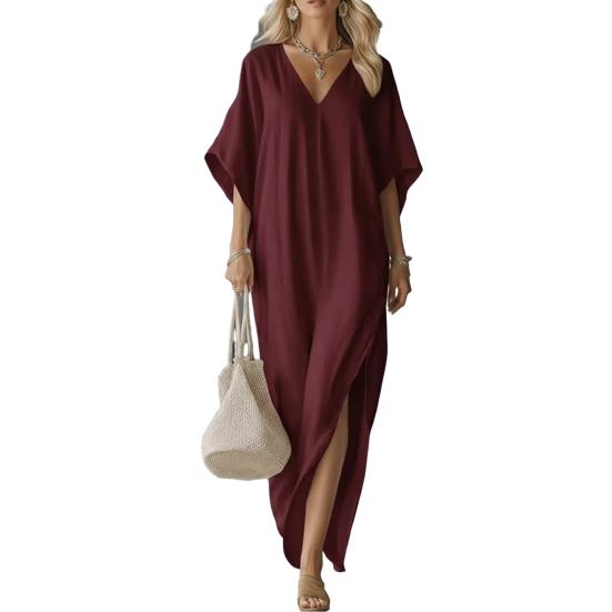 Women Cotton Linen Long Dress Batwing Short Sleeve V Neck Tunic Dress Summer High Slit Flowy Beach Sundress