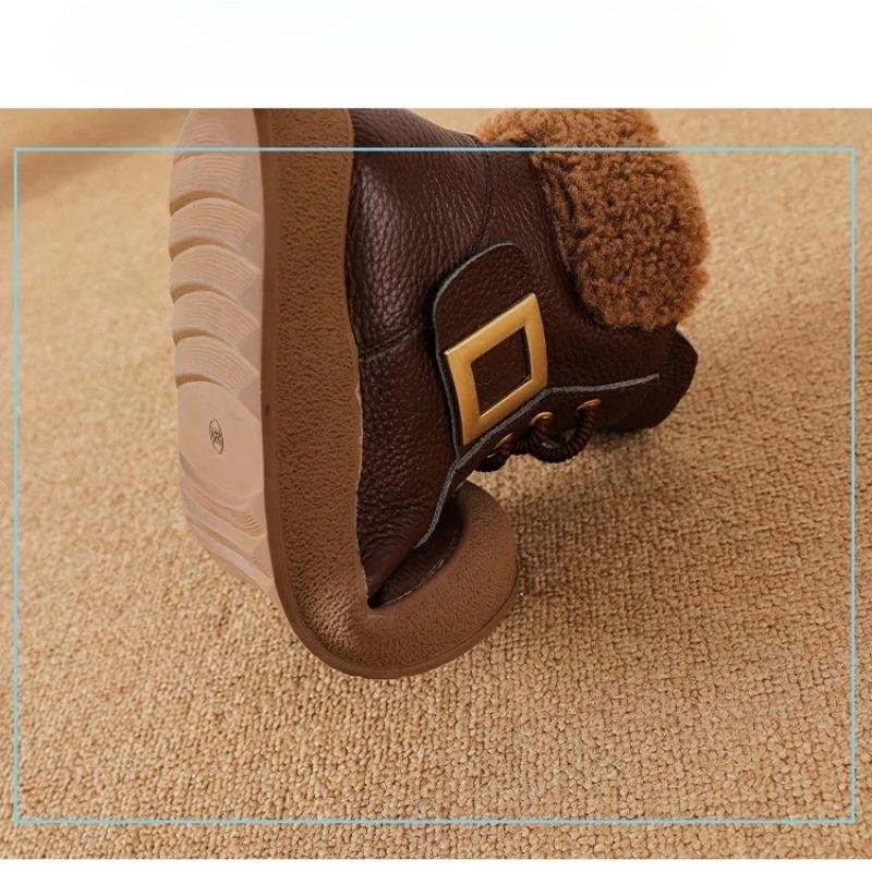 Johnature Retro Round Toe Side Zipper Plush Warm Short Boots Genuine Leather Soft Soled Women's Boots