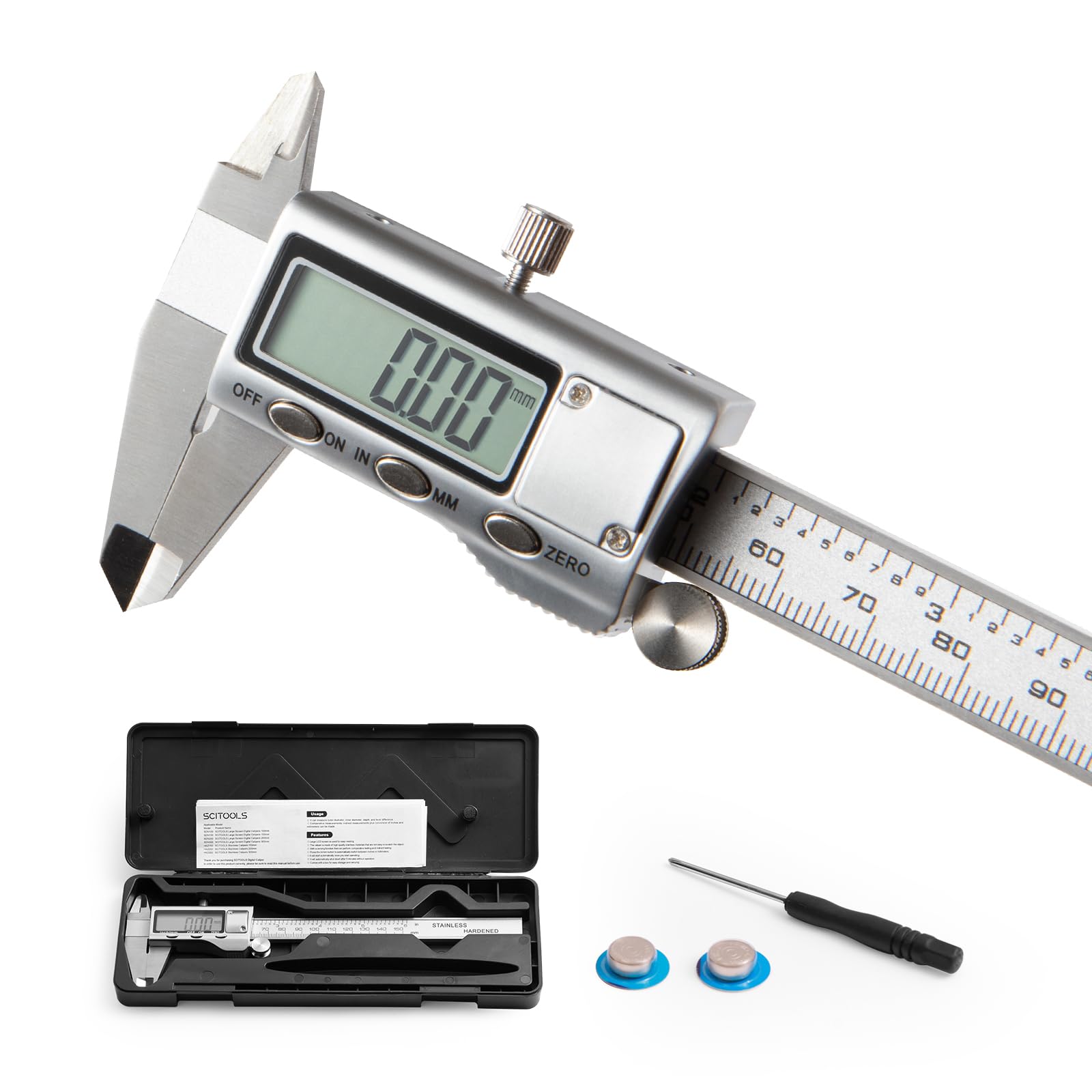 

SCITOOLS 150mm Digital Stainless Precision Caliper Includes Storage LCD Display with Large Zero Set Inner and Outer and Step Shock Auto Power Spare
