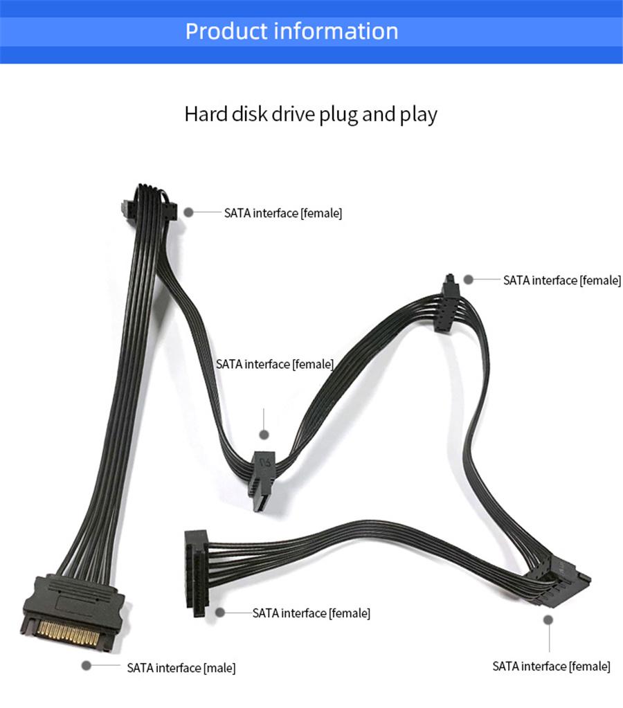 15Pin SATA Power Supply Splitter Cable 1 Male to 5 Female Extension Power Cord