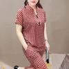 Women's Plaid 2 Piece Outfits Sleeve Top And Button Short Cropped Skinny Pants Matching Set Summer