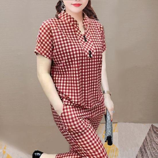 Women's Plaid 2 Piece Outfits Sleeve Top And Button Short Cropped Skinny Pants Matching Set Summer
