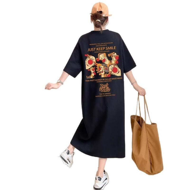 Damen Sommer T-Shirt Langes Überknie-Kleid Locker Schlitz Kurzarmkleid