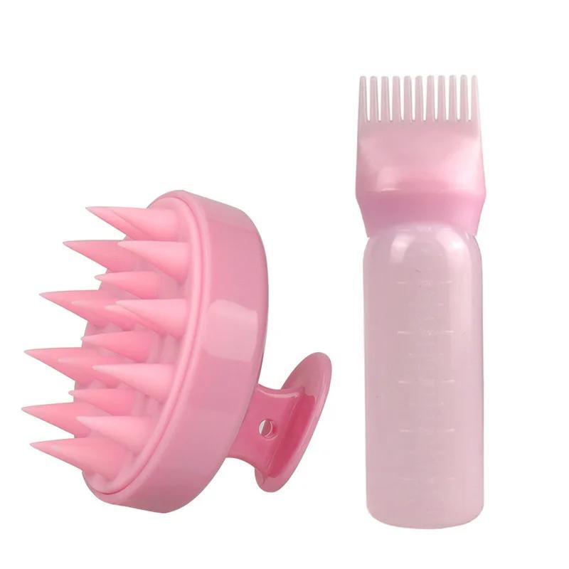 2pcs/set Applicator Bottle Shampoo Brush Scalp Massage Hair Brush Oil Applicator for Hair Care 3-in-1 Hair Treatment Tool
