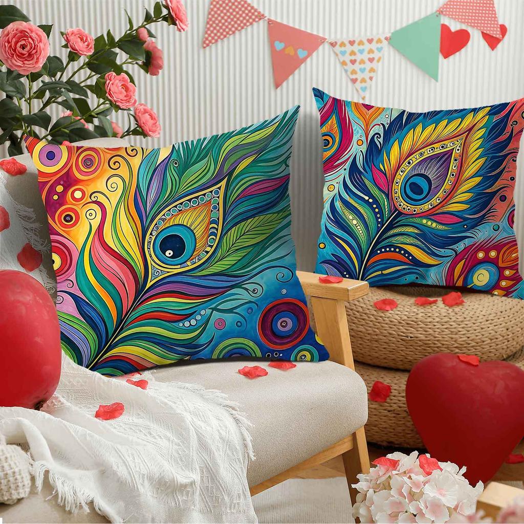 Bohemian-Style Peacock Theme Digital Printing Pillow Cover Short Plush Suitable Living Rooms Bedrooms Sofas Throw Cushion Cover