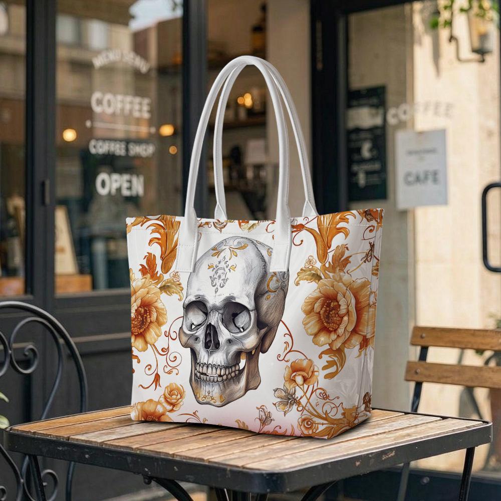 Gothic Skull Peony Print Fashion Casual Portable Large Capacity Daily Tote Bag