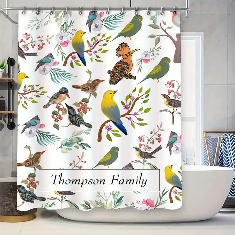 

Персонализированные шторки для ванной с принтом на заказ «Птицы и цветы», комплект штор для душа для детской ванной комнаты – принт с фамилией Томпсон ( 90x180cm
