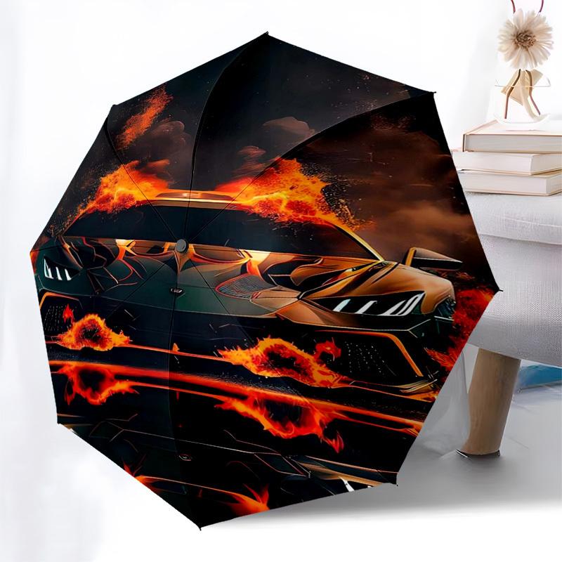 Flaming Car, Digital Art Themed Automatic Opening and Closing Umbrella, Compact Travel Umbrella, Lightweight and Portable, Suitable for Beac