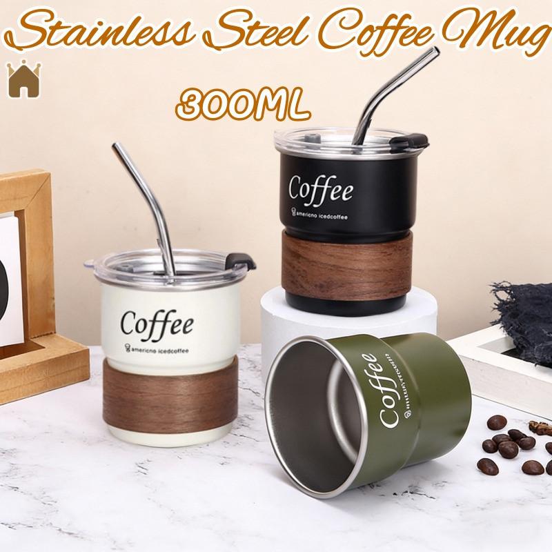 300Ml Coffee Cup With Straw Cover Portable Stainless Steel Anti Scalding Outdoor Camping Beer Mug