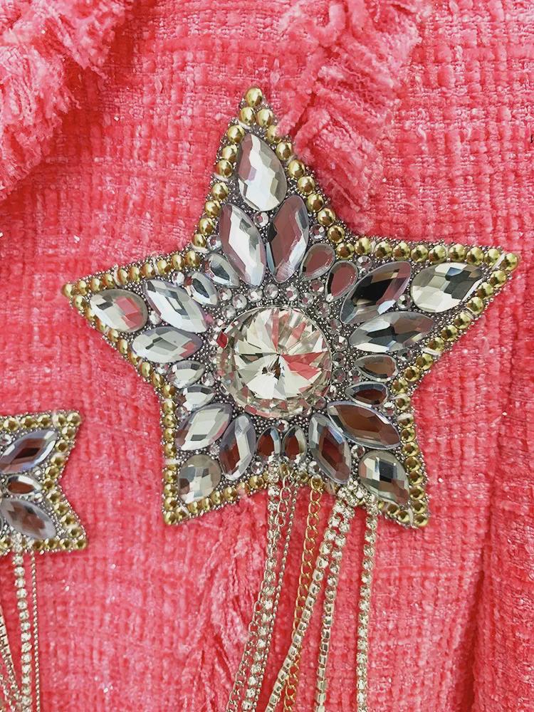 2025 Autumn/Winter European & American Fashion Pink Tweed Wool Jacket with Beaded Badge