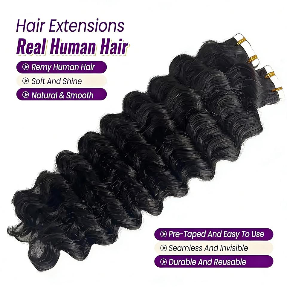 Extensii de Păr Deep Wave cu Benzi Adezive Păr Uman Brazilian 100% Adezive Extensii cu Benzi Adezive Ondulate Păr Uman Negru Natural Pentru Femei