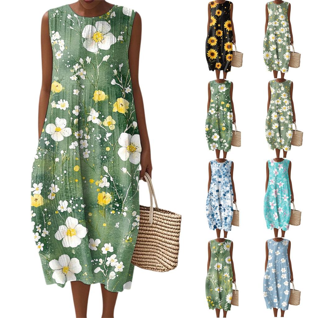Dámské módní ležérní šaty bez rukávů s kulatým výstřihem, květinové, elegantní, s temperamentem