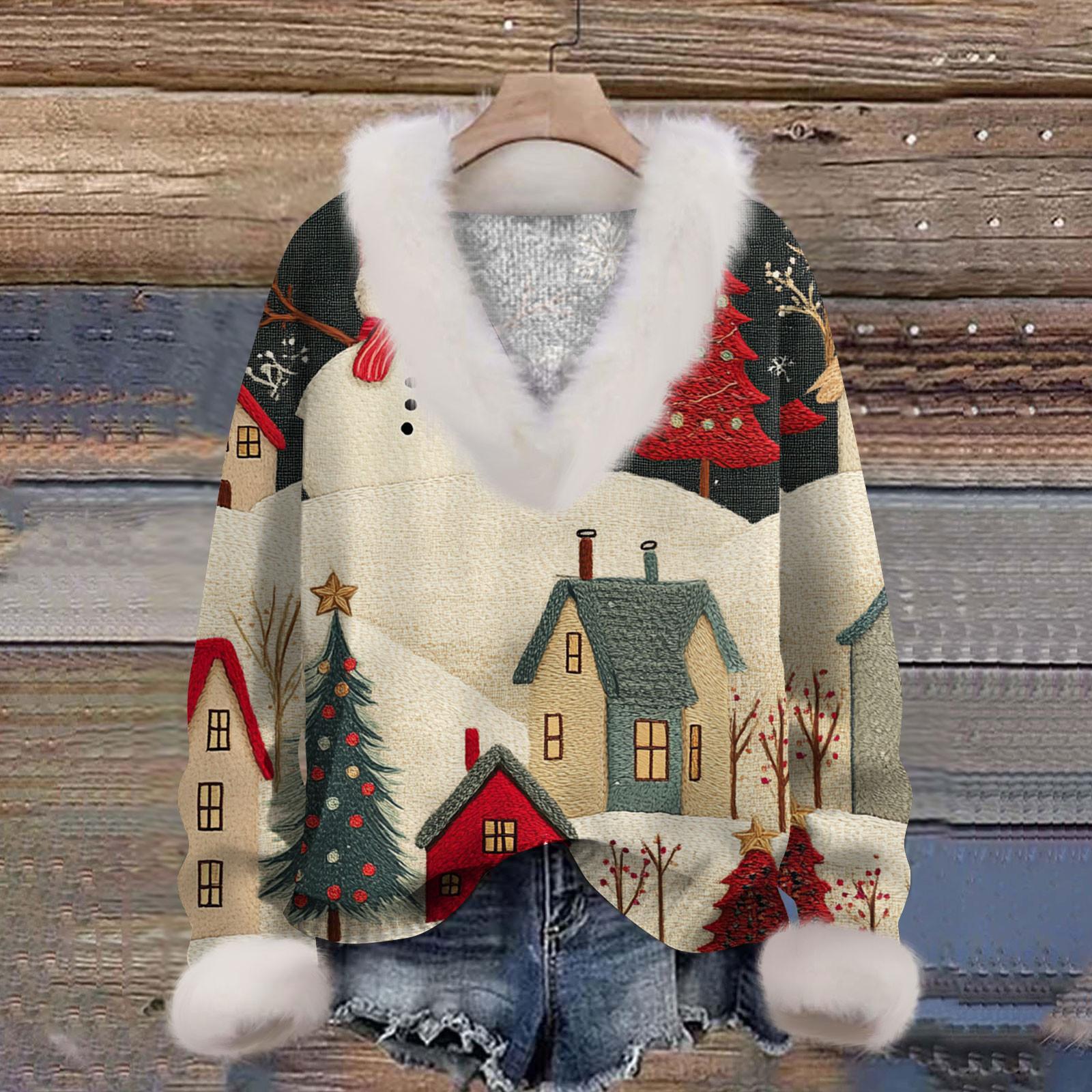 

Женская мода повседневный рождественский принт с длинным рукавом и V-образным вырезом пуловер для волос S хаки