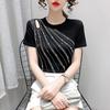 Summer New Hollow Out Heavy Industry Hot Dip Diamond Design Sense Round Neck Short Sleeve T-shirt Women's Fashion Slim Thin Top