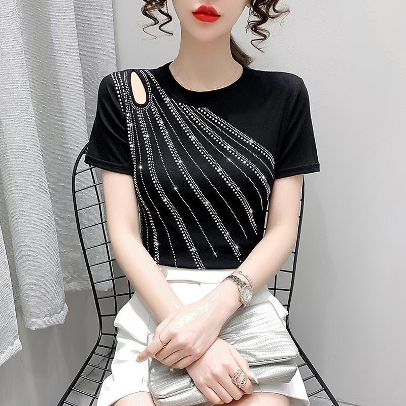 Summer New Hollow Out Heavy Industry Hot Dip Diamond Design Sense Round Neck Short Sleeve T-shirt Women's Fashion Slim Thin Top