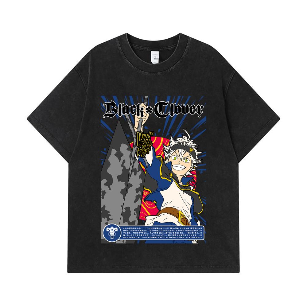 275 GSM Washed T-shirts 100% Cotton Black Clover V10 Asta Print Unisex Heavy Cotton T Shirt