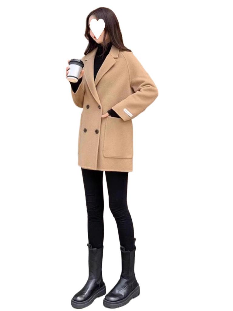Plus Size Women's Black Wool Slimming Trench Coat - Double-Sided Woolen Jacket for Spring/Autumn 2025.