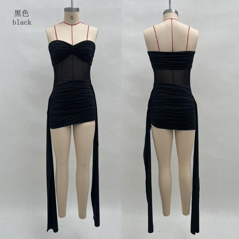 Mesh Splicing Temperament Streamer Tube Top Skirt, Summer European and American Solid Color Dress Women's Clothing