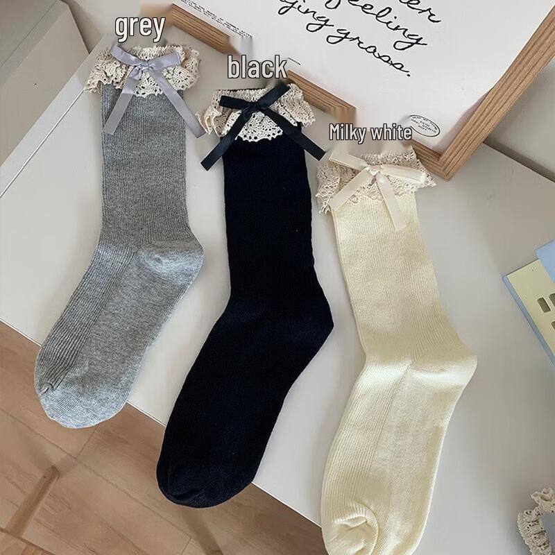 Yi Shan Yi Si Bowknot Lace Mid-Calf Socks - 2 Pairs