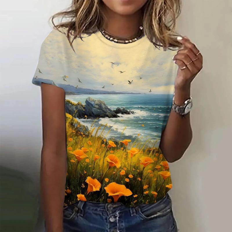 Women's T-Shirt Summer Short Sleeve Casual The Beautiful Flowers Print Top Funny Pattern Pullover Shirts