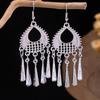 Ethnic Miao Silver Style Long Tassel Earrings with Ancient Scenic Stud Design for Women