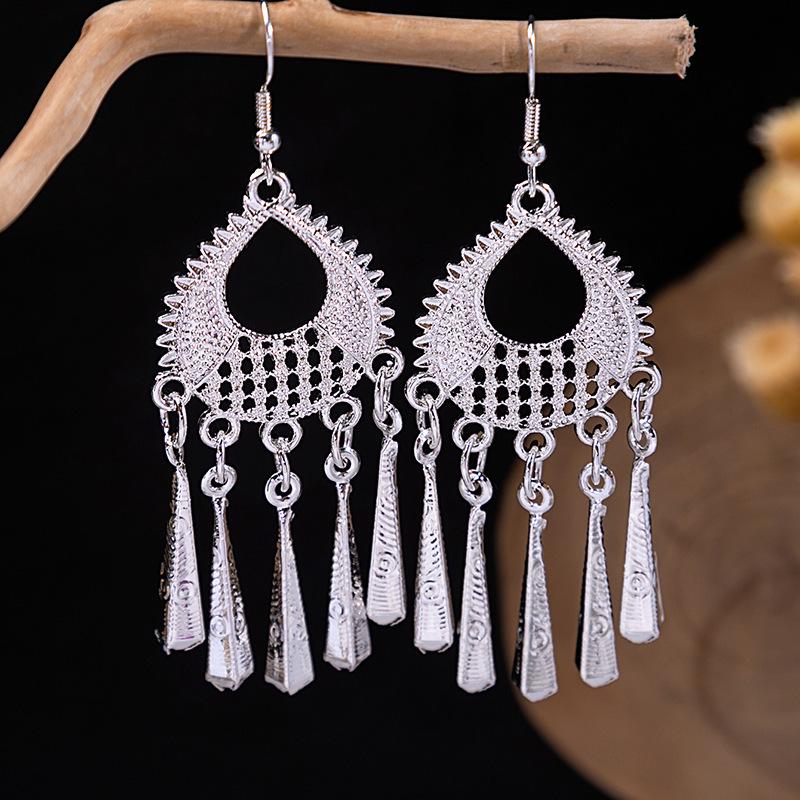 Ethnic Miao Silver Style Long Tassel Earrings with Ancient Scenic Stud Design for Women