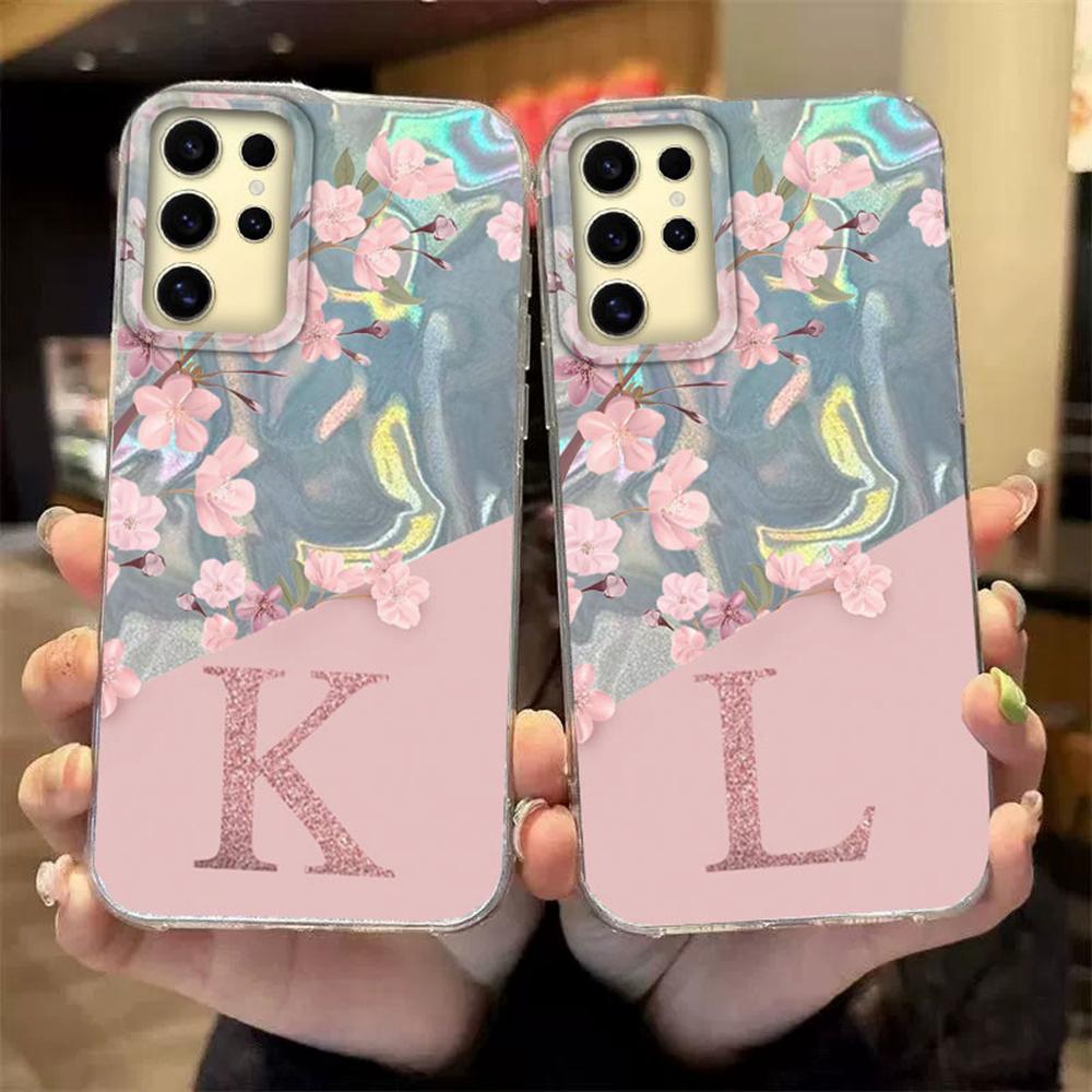 Initial Letter A Z Case For Samsung Galaxy S25 S24 S23 S21 S22 Plus S23 S21 FE Cover Pink Flowers Silicone Back Fundas Bumper