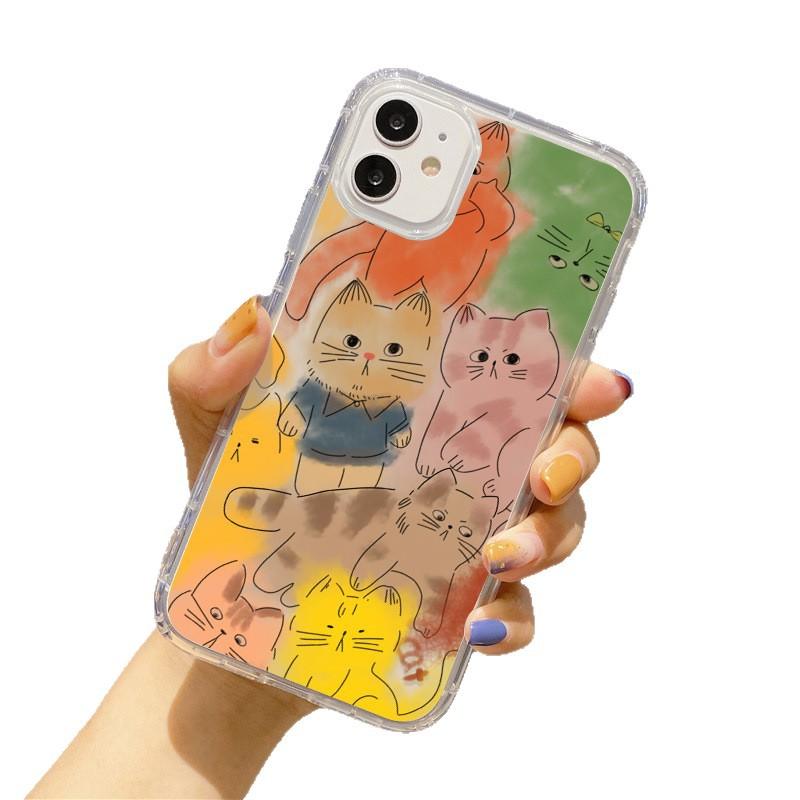 Graffiti cat illustration for iPhone 17 air cushion mobile phone case 16Pro transparent large hole 14/13 anti-drop 15