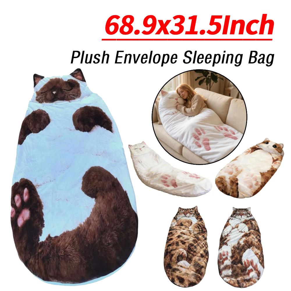 68.9x31.5Inch Plush Envelope Sleeping Bag Cat Pattern Camping Sleeping Bags for Home Lounging Outdoor Camping Machine Washable