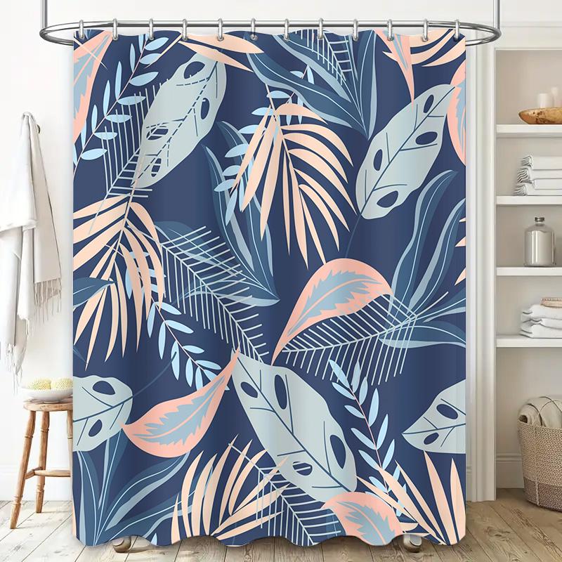 Modern Tropical Blue Pink Feather Shower Curtain for Bathroom Decor Navy Floral Pattern Waterproof Fabric Size180x245cm (70x96