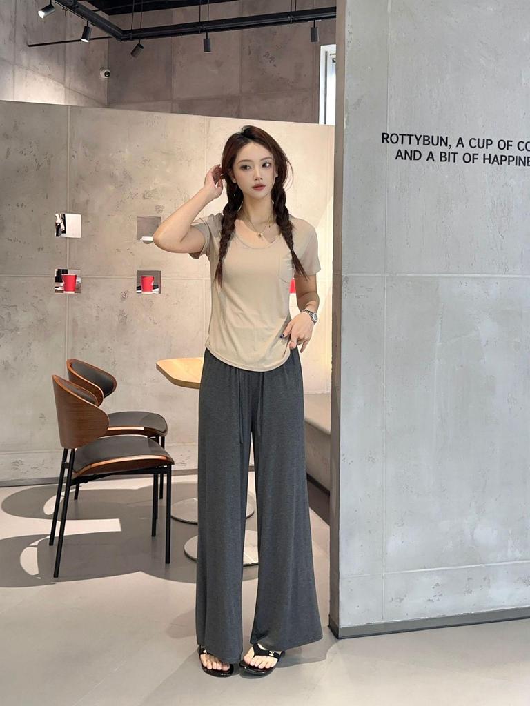 Women's Casual Summer Solid Color Base Layer Set - Round Neck, Short Sleeve, Long Pants
