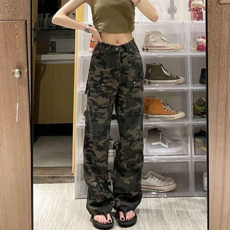 Women s High Waist Camo Cargo Jeans - Retro, Wide Leg, Spring/Autumn Trend Medium камуфляжный
