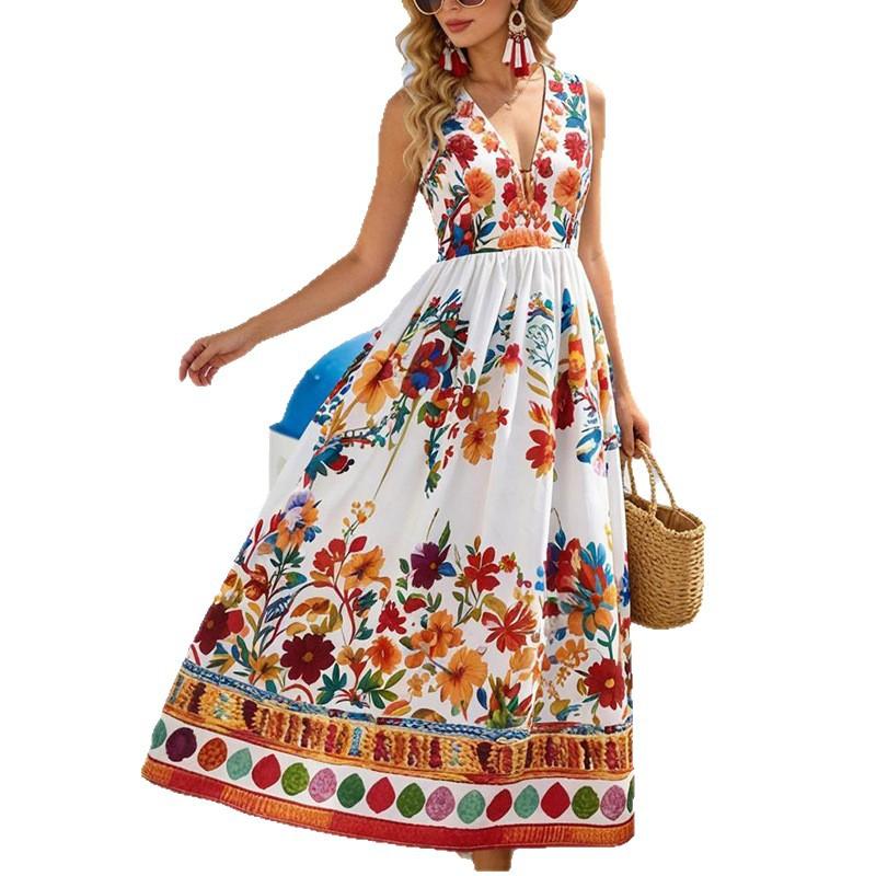 European and American spring new women's printed sleeveless vacation-style casual large hem dress