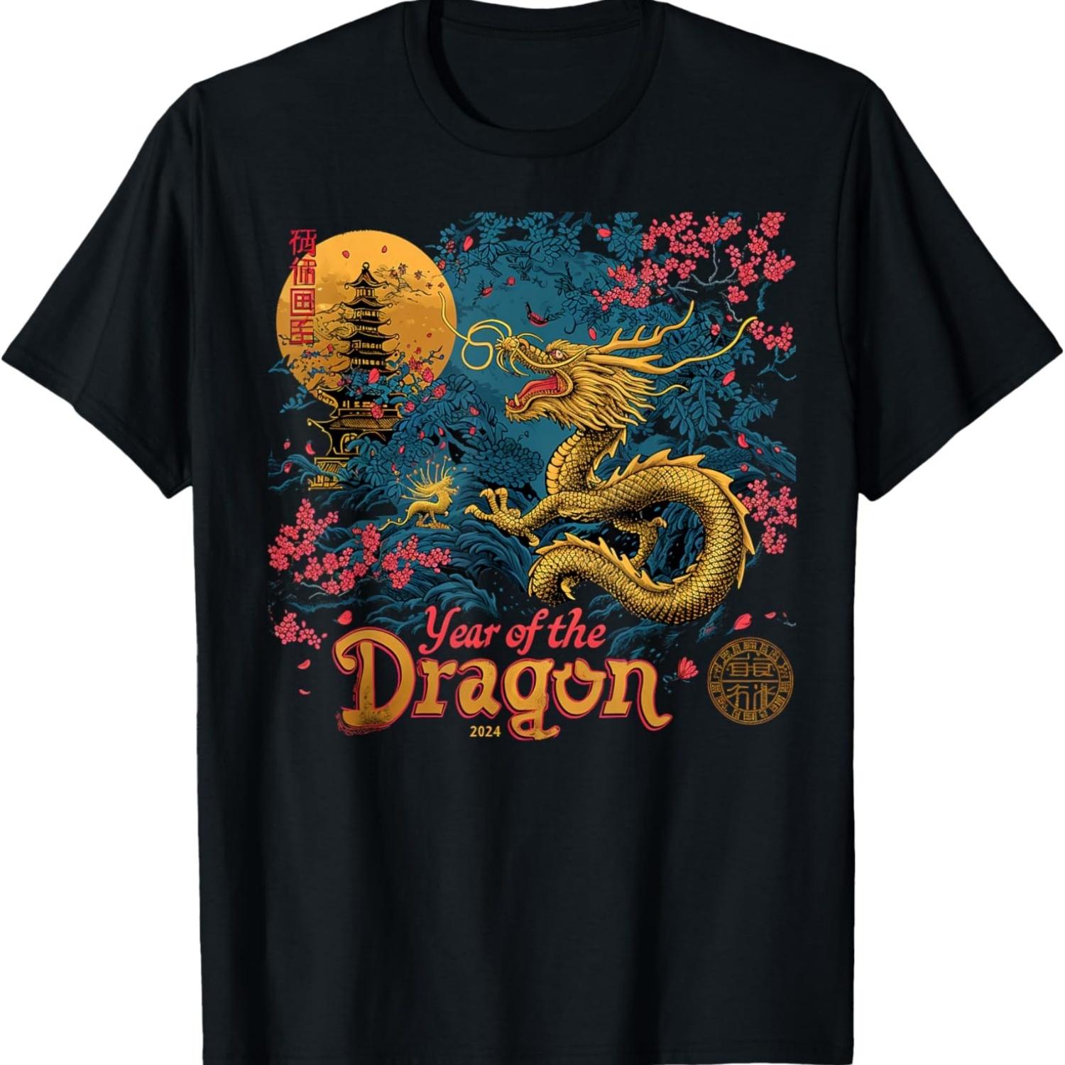 Year of the Dragon Cherry Blossom Chinese New Year 2024 T-Shirt S чёрный