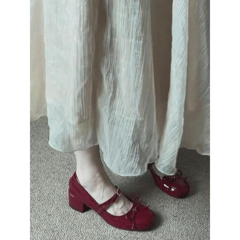 Lolita bow student jk small leather shoes female Mary Jane single shoes with thick heel burgundy