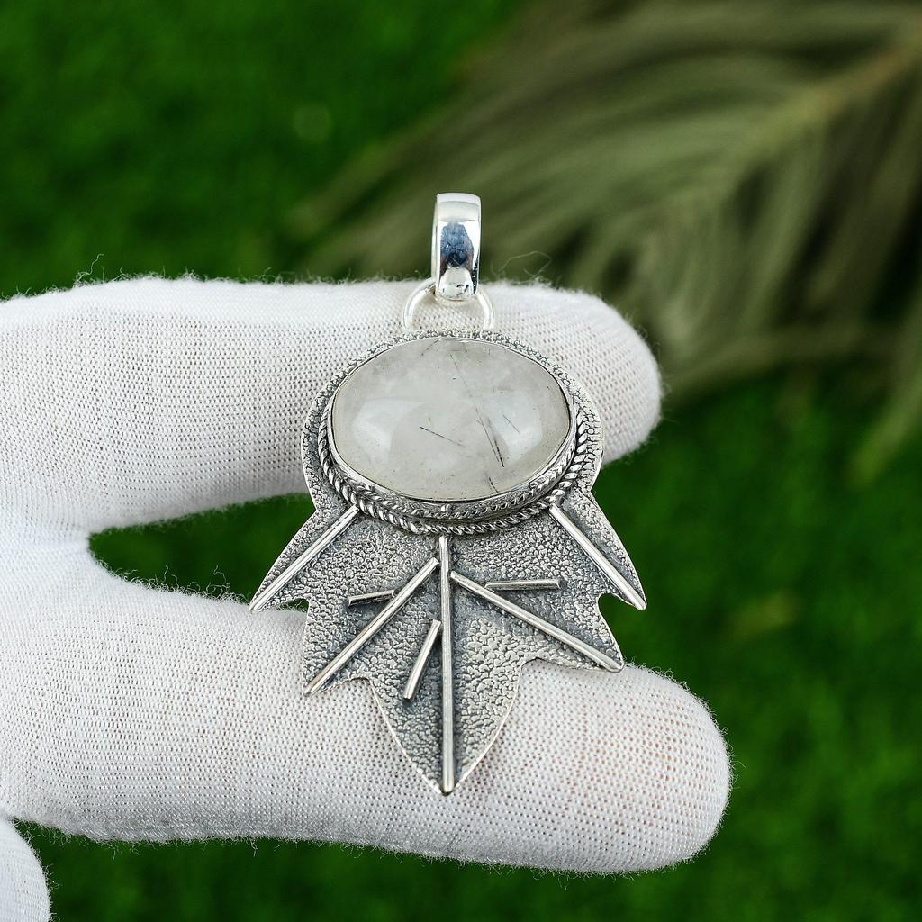 Pendentif Pierre Précieuse Rutile Noir Naturel Bijou en Argent Sterling 925 Pour Filles