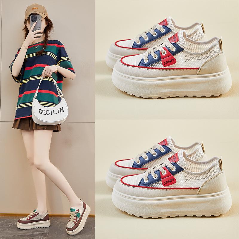 New Summer White Shoes for Female Students' Thick Sole Elevated Mesh Breathable Casual Shoes