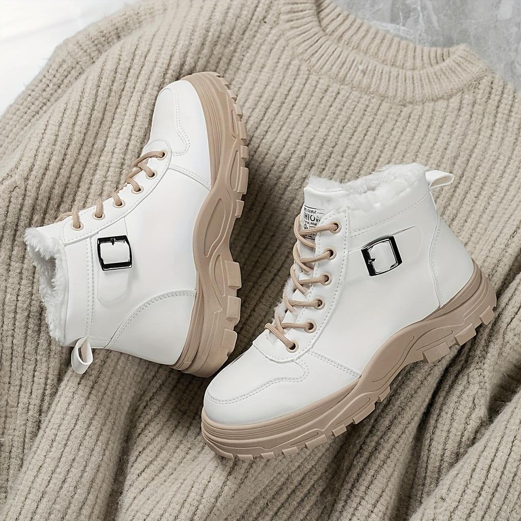 Damskor Varma Vinterkängor med Snörning och Plyschfoder Casual Platåklack Tjock Gummisula, Lätta och Varma Vinter Casual Kängor