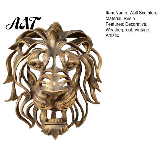 Retro Bronze Home Wall Ornament Lion Sculpture, Resin Decorative Art, 3D Animal Head Sculpture for Living Room Figurine, Hollow Hanging Pendant Indoor