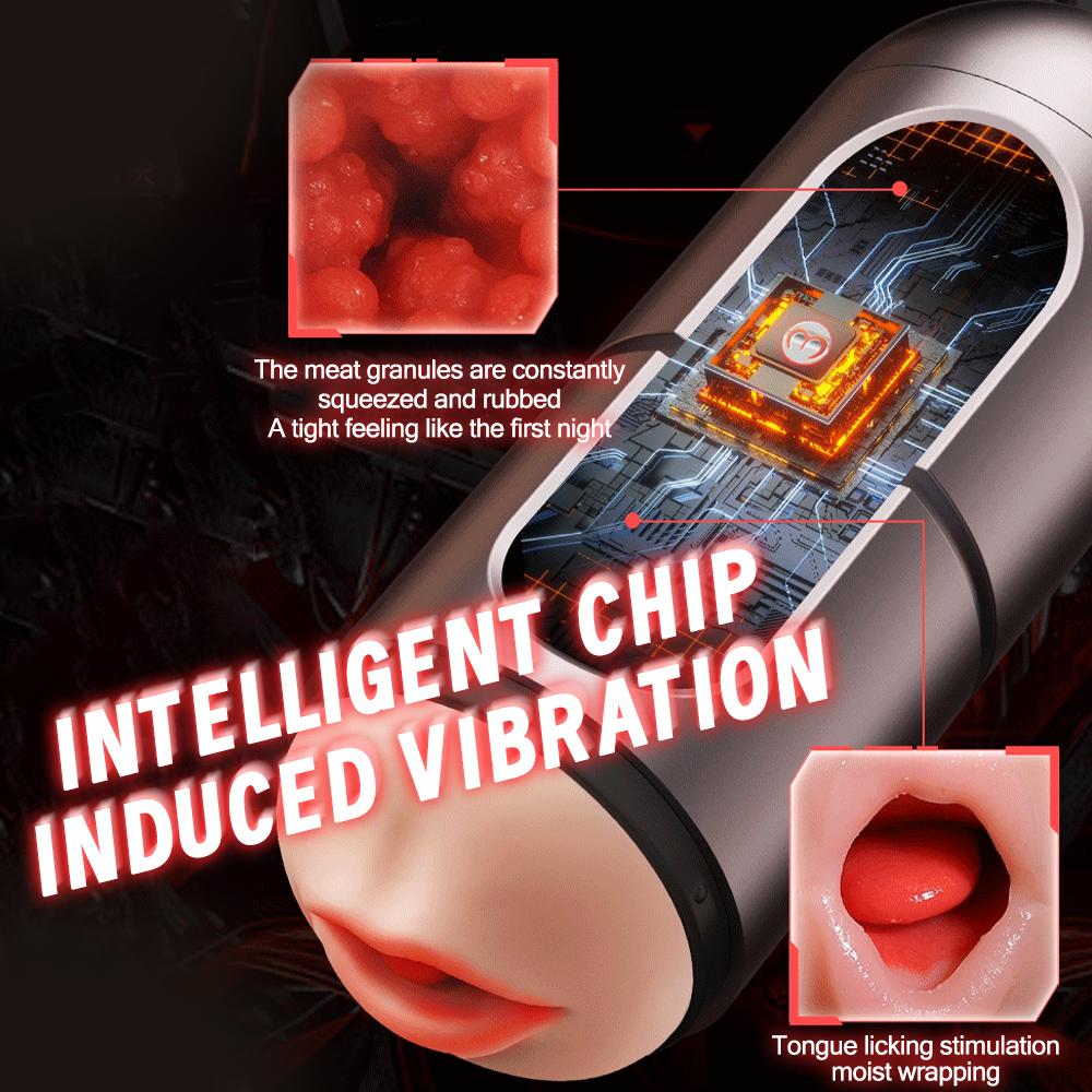 Pocket Pussy Male Masturbator Mouth Vaginal Double Head Penetration Channel Induction Vibration Sexy Moan Count Display Sex Toy