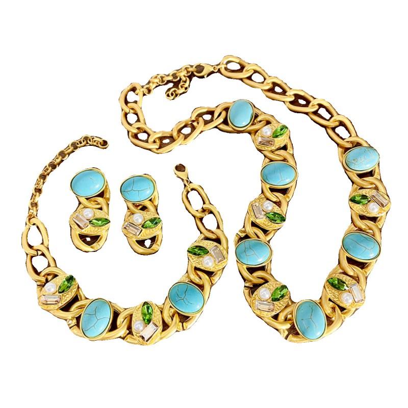 Vintage Pearl Chain Jewelry Set Women - Rhinestone Embellished Necklace Earrings Bracelet Boho Chic Retro Accessory